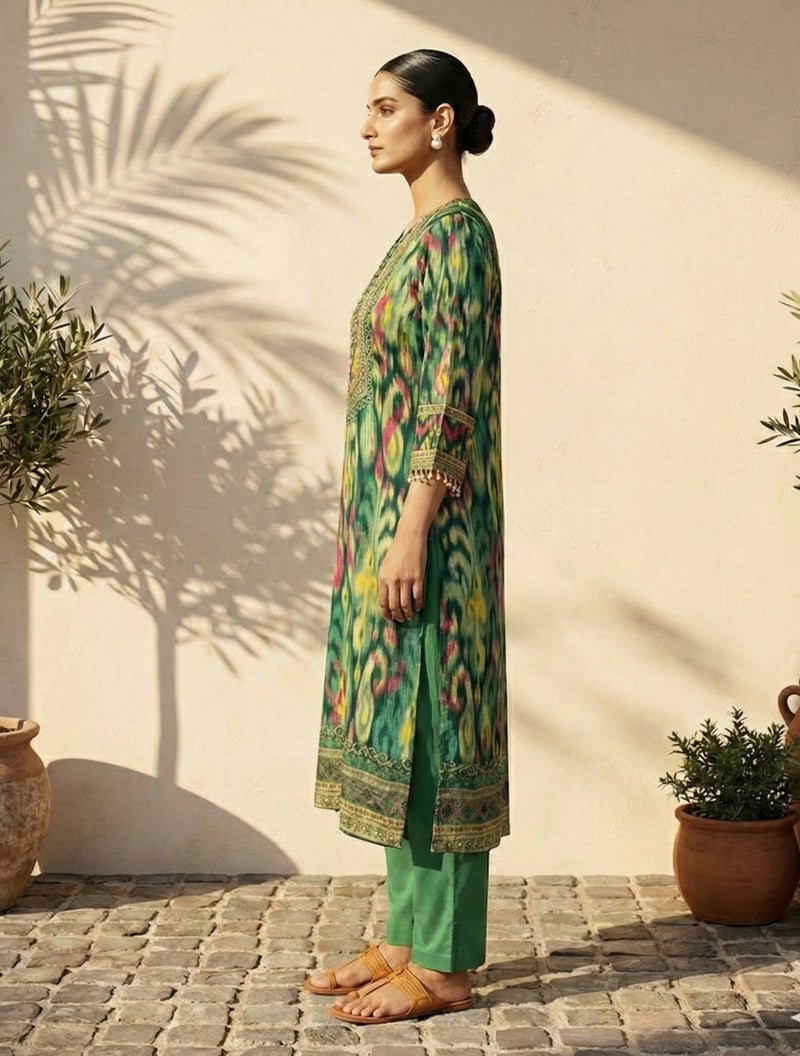 trueBrowns Green Ikat Print Embroidered V-Neck Kurta Pant Dupatta Set - Image 3